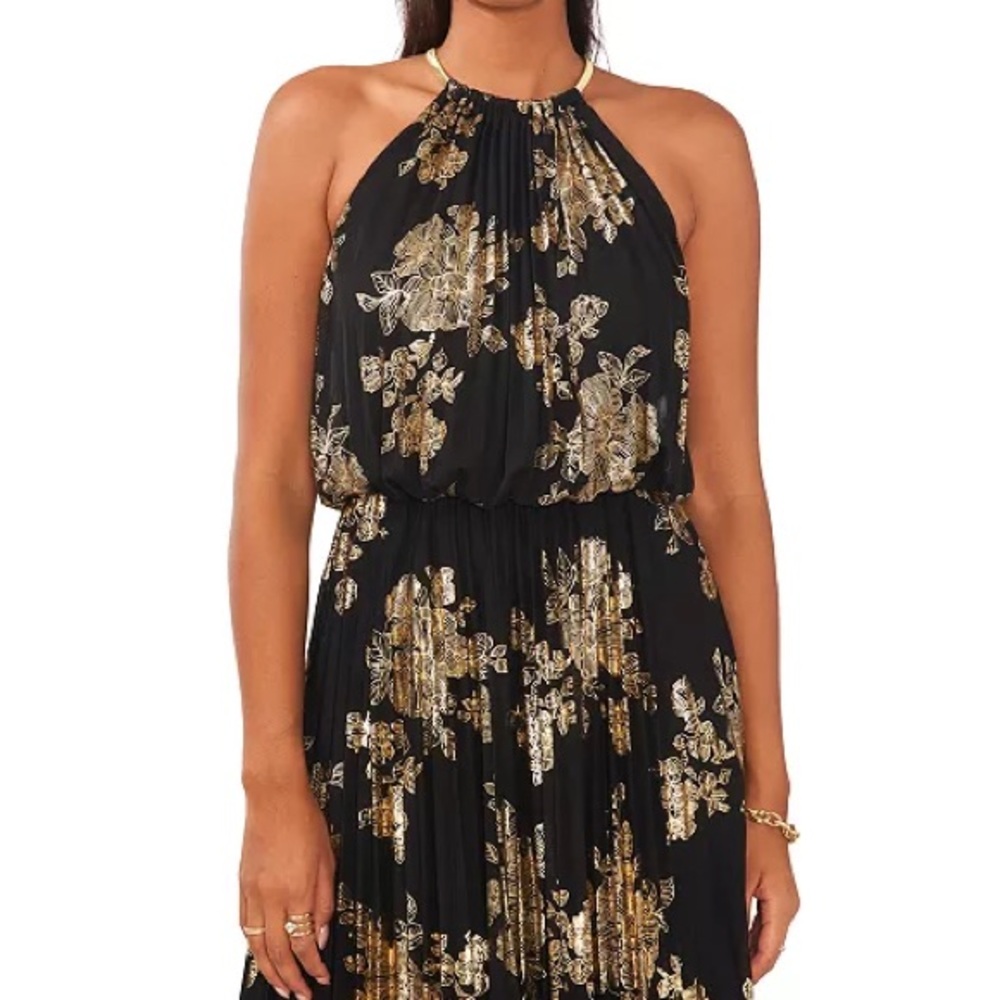 Crystal Doll Black Strapless Maxi Dress with Gold Floral Print
